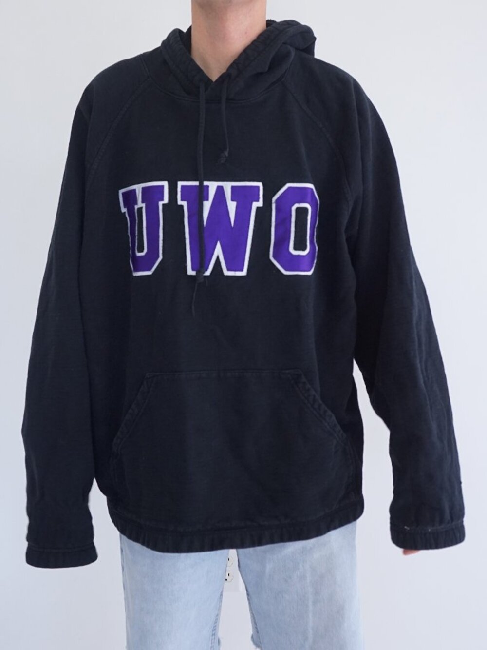 VTG Western Washington UWO Black Hoodie Spell Out Logo Pullover Sweatshirt XL/TG